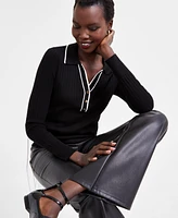 I.n.c. International Concepts Women's Contrast-Trim Collared Top, Exclusively at Macy's