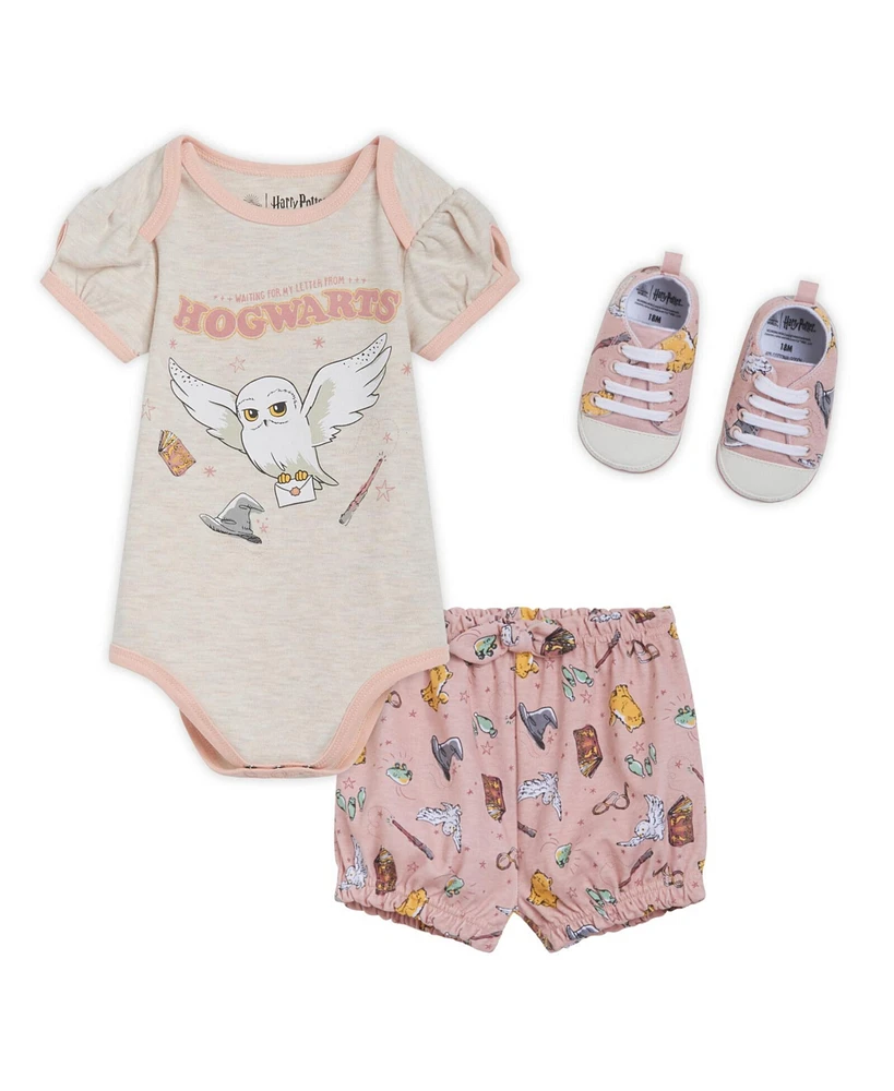 Harry Potter Baby Girls Bodysuit, Shorts and Shoes 3 Piece Outfit Set