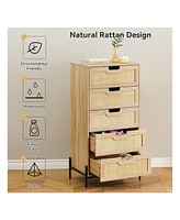 gaomon Modern Rattan 5 Drawers Dresser, Double Dresser For Bedroom