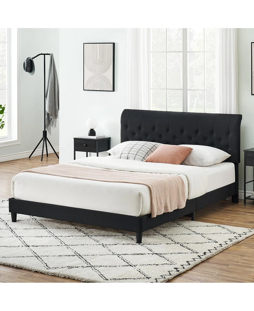 gaomon Full Size Bed Frame with Curved Upholstered Headboard, Platform Bed Frame with Adjustable Button Tufted Headboard