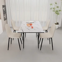 Scalable Mdf modern dining table and chair set, suitable for 2-6 people, white dining table and modern beige round dining chair 4-piece set, medieval