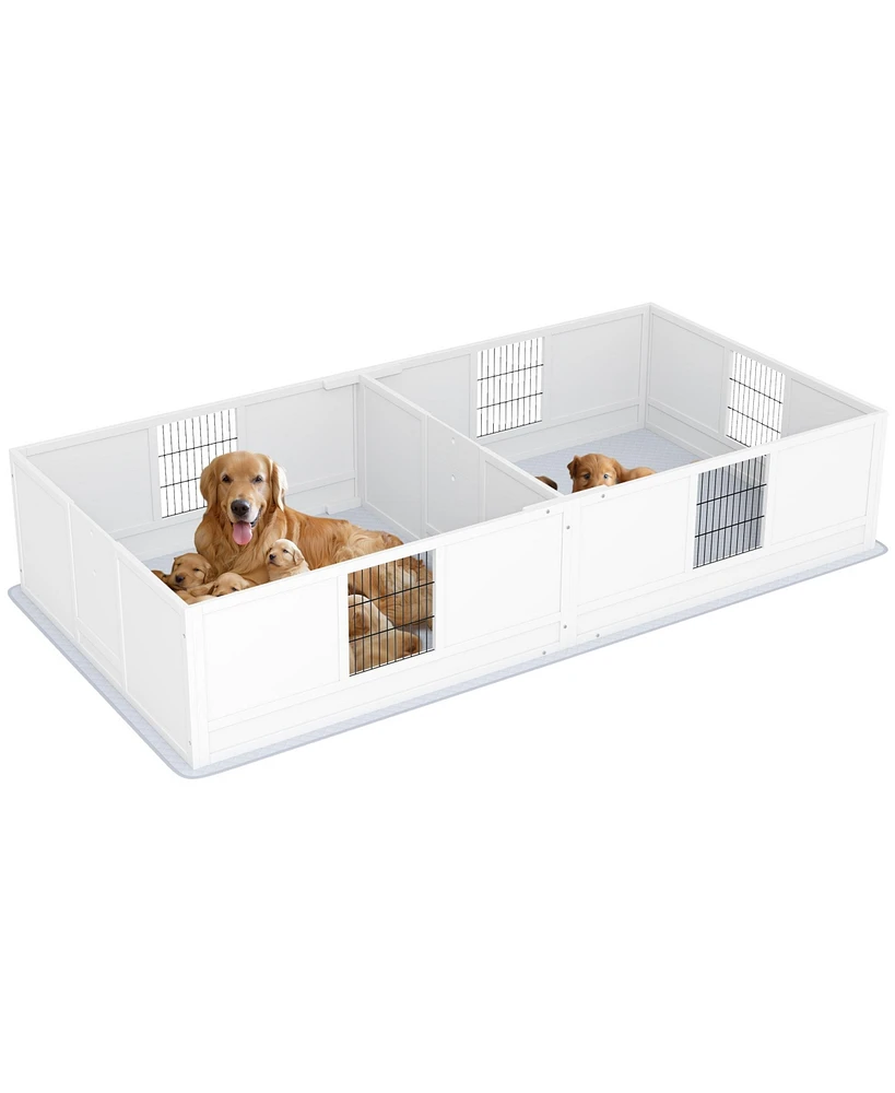 PawHut Two Rooms Design Whelping Box for Dogs w/ Pad, 96" x 47" x 19"