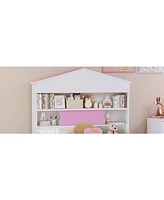 Streamdale Furniture Twin Size House-Shaped Wooden Bed with Storage Shelf on the Headboard, Built-in Two Storage Drawers, Pink