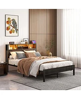 Full Size Bed Frame with Storage Headboard, Metal Platform Bed with Charging Station, Bookcase Storage, No Box Spring Needed, Easy Assembly, Noise-Fre