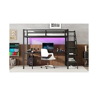 Full Xl Size Loft Bed with L-shaped Desk and Usb, Metal Loft Bed with Wardrobe and Adjustable Shelf, High Loft Bed with Led for Kids Teens Adults, Bla