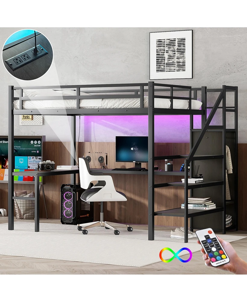 Streamdale Furniture Full Xl Size Loft Bed with L-shaped Desk and Usb, Metal Loft Bed with Wardrobe and Adjustable Shelf, High Loft Bed with Led for K