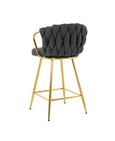 Modern design High stool Gold Plated legs Kitchen Dining Dark grey linen bar chair, suitable for Cafe Bar Restaurant (set of 2)