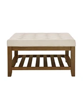 Upholstered Coffee Table Tufted Linen Large Square Ottoman with Beech Wood Shelf and Frame, Oversized Footrest Ottoman for Living Room,Office,Bedroom,