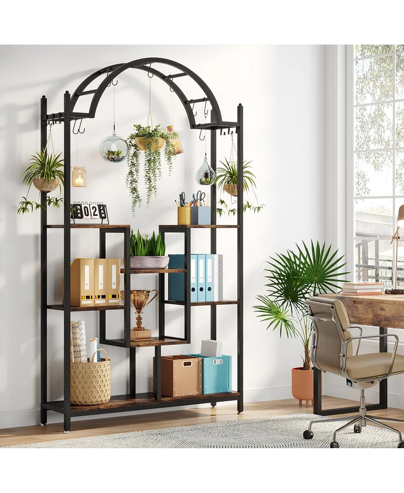 Tribesigns 74.8'' Arched Metal Flower Shelf with Hanging Hooks,5-Tier Tall Indoor Plant Stand