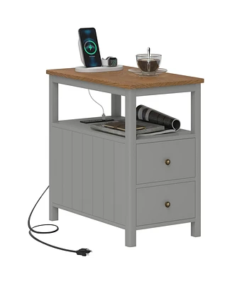 Homcom Narrow End Table with Charging Station, Usb Ports, Drawers,