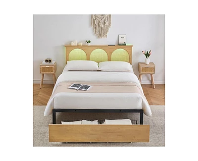 gaomon Rattan Full Size Bed Frame with Natural Rattan Headboard and Storage Drawers, Full Bed Frame with Led Strips and Strong Woode Slats Support