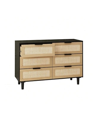 gaomon 6 Drawer Dresser With Natural Rattan Drawers, Tall Rattan Cabinet With Solid Wood Legs, Mid-Century Modern Organizer Dresser