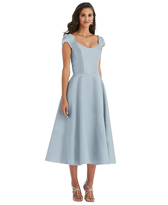 Alfred Sung Women's Puff Cap Sleeve Full Skirt Satin Midi Dress