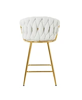 Modern design High stool Gold Plated legs Kitchen Dining White linen bar chair, suitable for Cafe Bar Restaurant (set of 2)