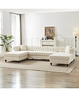 135.5-inch Modern Style Chenille Three Piece Sofa, Pull Point Design U-shaped Sofa two Chaise Longue Seats, two Pillows and Wooden feet