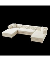 135.5-inch Modern Style Chenille Three Piece Sofa, Pull Point Design U-shaped Sofa two Chaise Longue Seats, two Pillows and Wooden feet