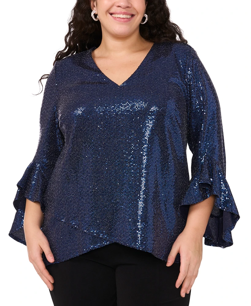 Msk Plus V-Neck Bell-Sleeve Sequin-Knit Top