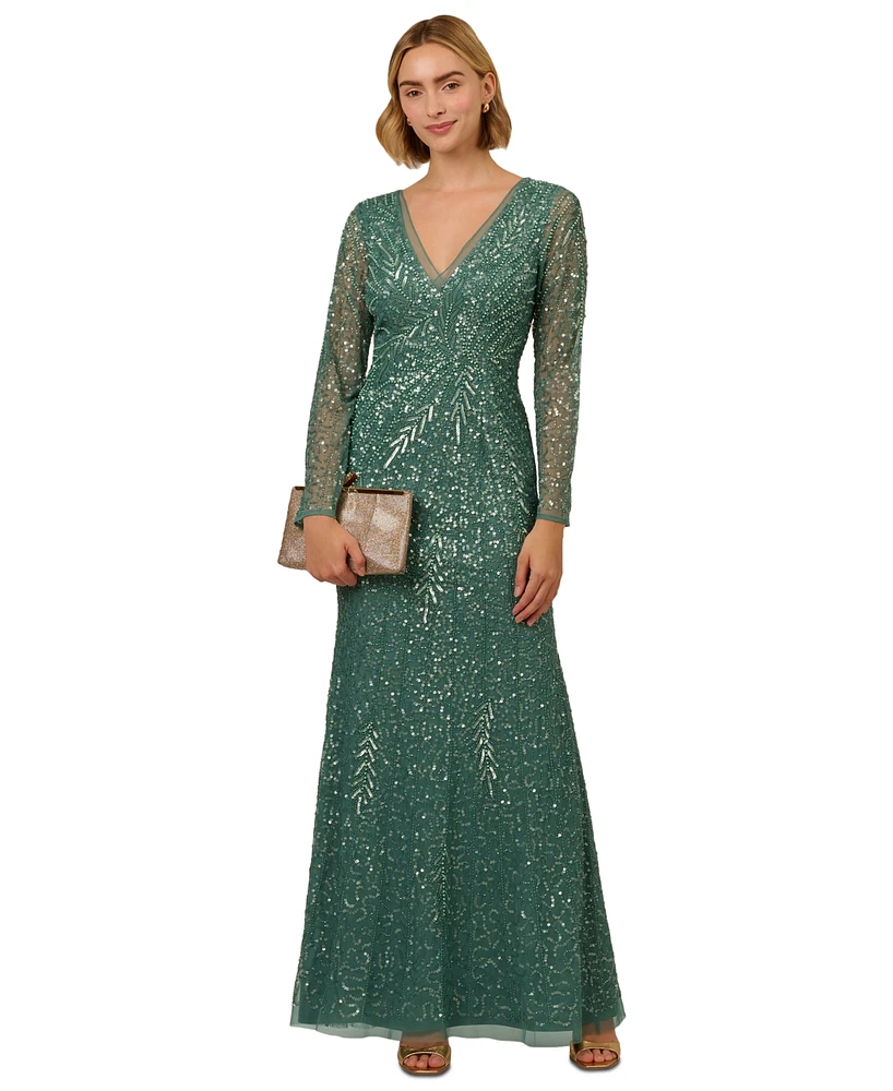 Adrianna Papell Women's Long-Sleeve Beaded Full-Length Gown