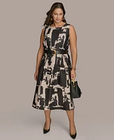 Donna Karan New York Plus Size Printed Belted A-Line Dress
