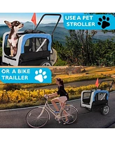 Slickblue Blue Dog Bike Trailer Cart - 2 in 1 Pet Stroller with Reflectors and Protective Net