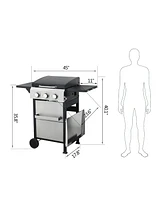 3-Burner Propane Gas Bbq Grill, Ss Plancha, 36900BTU Output With Wire Enamel Cooking Grids For Outdoor Barbecue, Foldable Side Table, Hanging Basket,