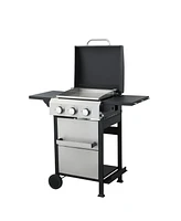 3-Burner Propane Gas Bbq Grill, Ss Plancha, 36900BTU Output With Wire Enamel Cooking Grids For Outdoor Barbecue, Foldable Side Table, Hanging Basket,