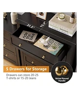 gaomon Modern 5 Chest Of Drawer Dresser, Modern Tall Nightstand With Deep Drawers And Nickel Round Handle, Wood Organizer Storage Cabinet For Bedroom