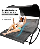 Slickblue Outdoor Double Chaise Lounge Bed Chair Sun Lounger with Canopy and Removable Pillows for Relaxation