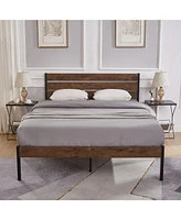 Slickblue Queen Size Bed Frame with Wood Headboard, Metal Frame with Strong Slats, Noise Free,No Box Spring Needed