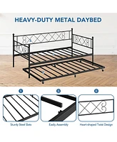 Twin Daybed with Pull-Out Trundle, Stylish Headboard and Metal Slats