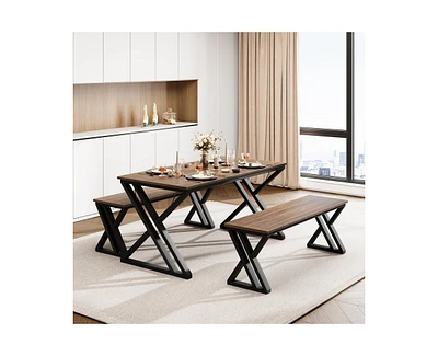 gaomon Dining Table Bench Set for 4, Kitchen Table Set with 2 Benches, Rectangular Dining Room Table Set with Sturdy Metal Frame