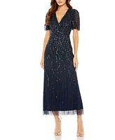 Mac Duggal Women's Beaded Wrap Over Butterfly Sleeve Column Dress