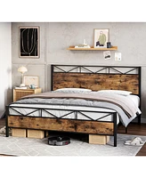 gaomon Queen Bed Frame, Metal Platform Frame with Rustic Wood Headboard