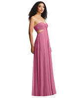 Dessy Collection Women's Strapless Empire Waist Cutout Maxi Dress with Covered Button Detail