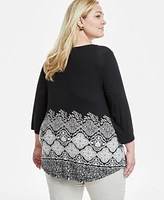 Jm Collection Plus Printed 3/4 Sleeve Top, Exclusively at Macy's