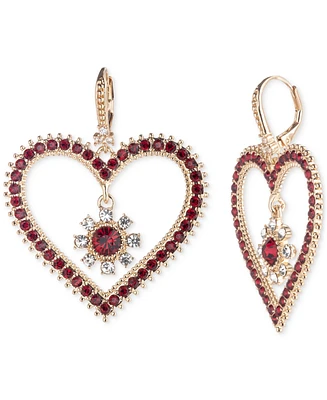 Marchesa Gold-Tone Red & White Crystal Heart Drop Earrings