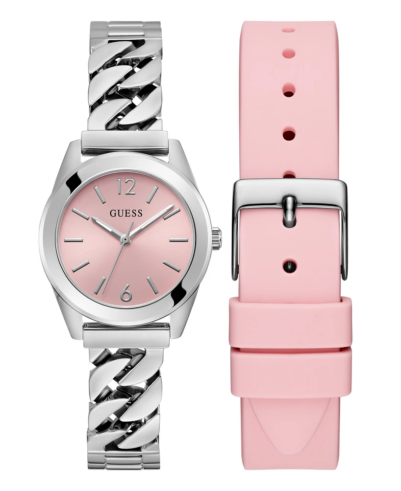 Guess Women's Analog Silver Tone Stainless Steel and Pink Silicone Interchangeable Strap Watch, 32mm