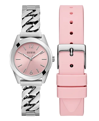 Guess Women's Analog Silver Tone Stainless Steel and Pink Silicone Interchangeable Strap Watch, 32mm