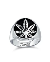 Bling Jewelry Flat Round Signet Ring Cannabis Leaf Medallion Oxidized .925 Sterling Silver