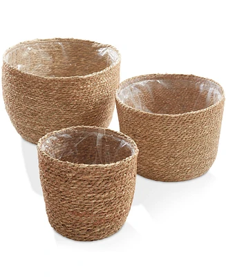 Casafield Set of 3 Seagrass Planter Baskets - Natural, Hand Woven Indoor Flower Pot Covers with Liners for Plants, Succulents, Home Decor