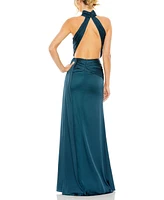 Mac Duggal Women's Open Back High Neck Side Ruched Gown