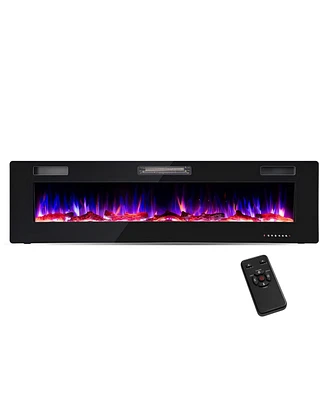 Sugift 68 Inch Ultra-Thin Electric Fireplace Recessed Wall Mounted with Crystal Log Decoration