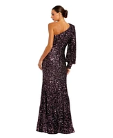 Mac Duggal Women's Sequined One Shoulder Bishop Sleeve Trumpet Gown