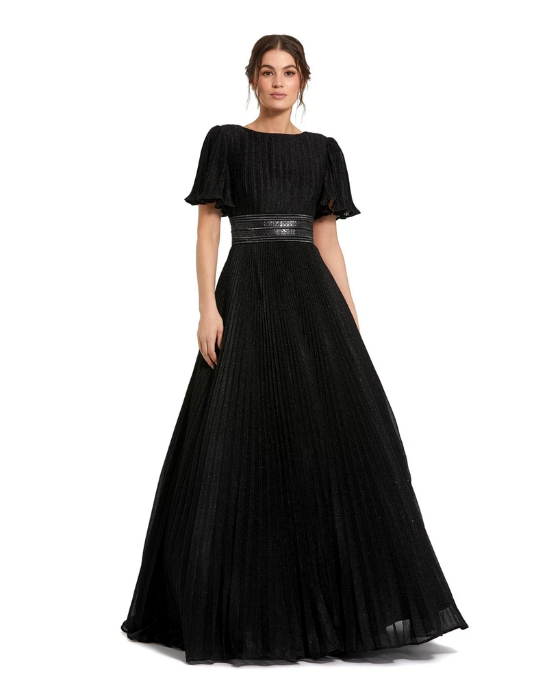 Mac Duggal Women's Pleated Shimmering Georgette Flutter Sleeve Gown