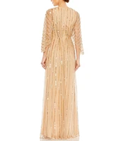 Mac Duggal Women's Beaded Striping Kimono Sleeve V Neck Gown