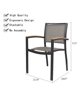 Slickblue Outdoor Patio Dining Chairs with Teak Armrests Aluminum Frame and Textilene Mesh Fabric