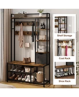 gaomon Shoe Bench With Storage, 5 In 1 Coat Rack Set, Entryway Wood Look Accent Large Shoe Rack Bench