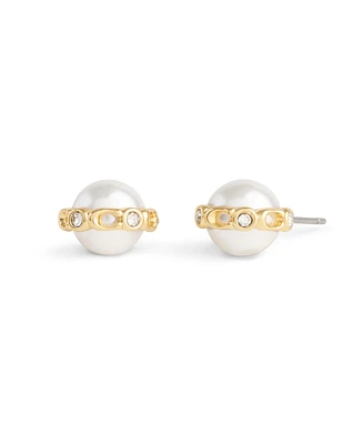 Coach Faux Cultivated Pearl Vintage Charms Signature Stud Earrings