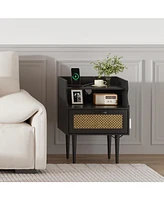 gaomon Rattan Nightstand Set of 2, Modern Side Table with Charging Station