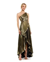 Mac Duggal Women's Pleated Metallic One Shoulder High Low Gown